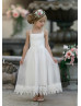 Straight Neck Ivory Lace Tulle Boho Flower Girl Dress